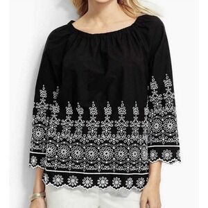 Talbots Women's Black 100% Cotton Blouse White‎ Embroidered Top 3/4 Sleeve XS